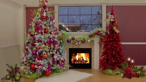 HDTV Christmas Virtual Studio Green Screen Fireplace Xmas Tree Candles Stock Footage 80746947