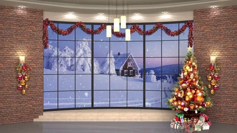 HDTV Christmas Virtual Studio Green Screen Xmas Tree Snowfall Gifts Stock Footage 80747661