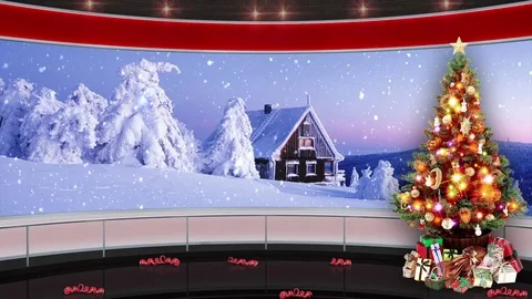 HDTV Christmas Virtual Studio Green Screen Background Red Xmas Tree Snowfall Stock Footage 80749169