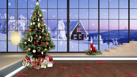 HDTV Christmas Virtual Studio Green Screen Background Xmas Tree Gifts Snow Stock Footage 80751006
