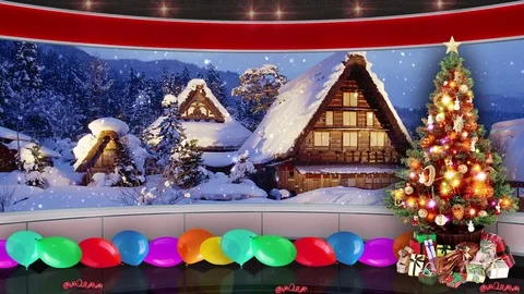 HDTV Christmas Virtual Studio Green Screen Background Xmas Tree Gifts Balloons Video stock 80751275