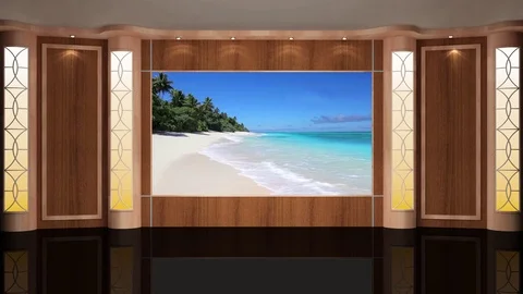 HDTV  News Talkshow Virtual Studio Green Screen Background Wood Beach Stock Footage 80861053