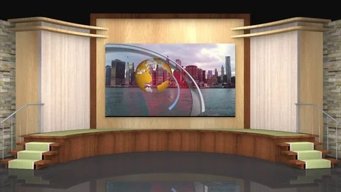 HDTV News Talkshow Virtual Studio Green Screen Background Wood Yellow Globe Stock Footage 80864403