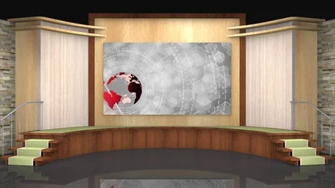 HDTV News Talkshow Virtual Studio Green Screen Background Wood Red Globe Stock Footage 80864768