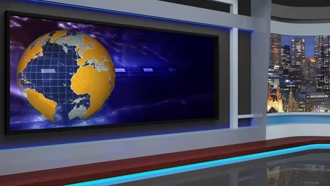 HDTV News Virtual Studio Green Screen Background Yellow-Blue Globe Vidéo 80666791