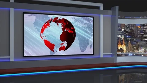 HDTV News Virtual Studio Green Screen Background Pink Red Globe Video stock 80666803
