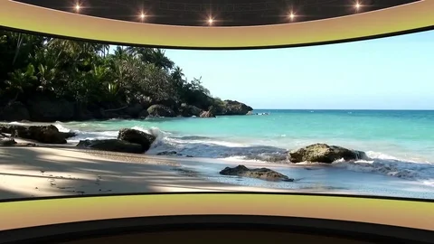 HDTV  News Virtual Studio Green Screen Background Yellow Beach Stock Footage 80676071