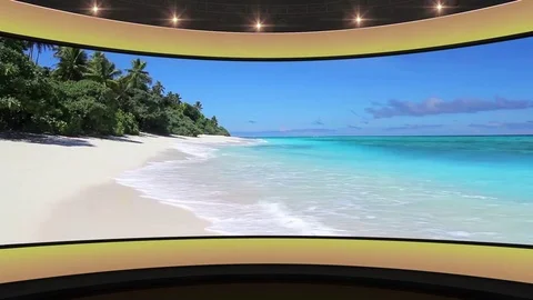 HDTV  News Virtual Studio Green Screen Background Yellow Clear Beach Vidéo 80676152