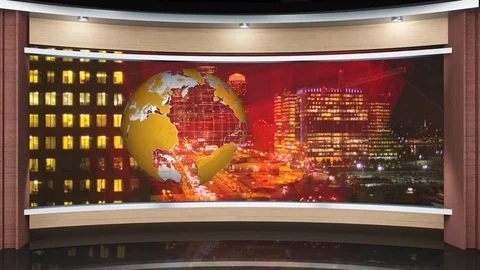 HDTV News Virtual Studio Green Screen Background wood yellow globe Night City Stock Footage 80809642