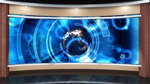 HDTV News Virtual Studio Green Screen Background Wood Blue Globe Video stock 80809783