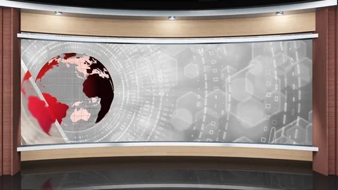 HDTV News Virtual Studio Green Screen Background Wood Red Globe Video stock 80809946