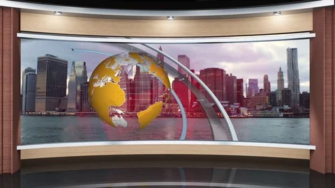 HDTV News Virtual Studio Green Screen Background Wood Yellow Globe Riverfront Video stock 80809998