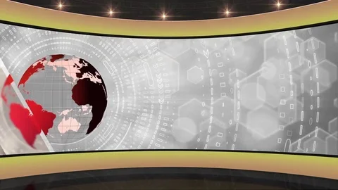 HDTV  News Virtual Studio Green Screen Background Yellow Red Globe Stock Footage 80850152