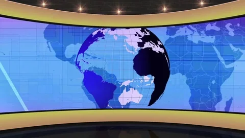 HDTV News Virtual Studio Green Screen Background Yellow Blue Globe Video stock 80850461