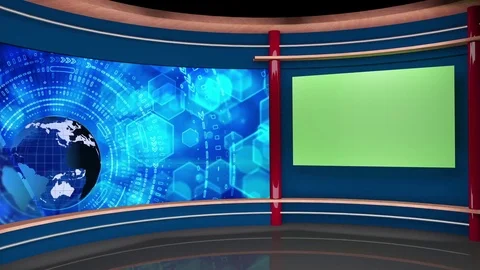 HDTV News Virtual Studio Green Screen Background Blue Globe Monitor Vidéo 80854063