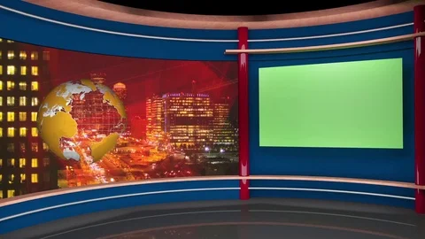 HDTV News Virtual Studio Green Screen Background Yellow Globe Nightcity Video stock 80854511