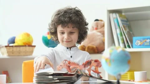 He boy opened a book of fairy tales. Delighted child Stock Footage