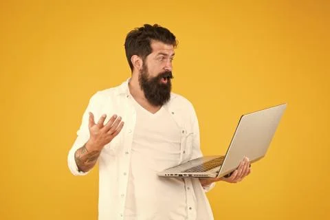 He has problem. education in digital world. Programmer with computer. brutal man Stock Photos