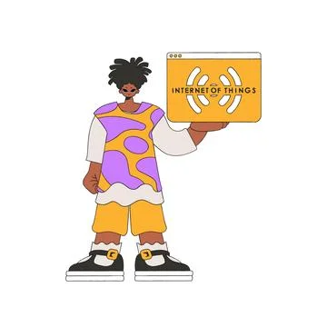 He holds the logo of the internet of things in his hands. 스톡 일러스트