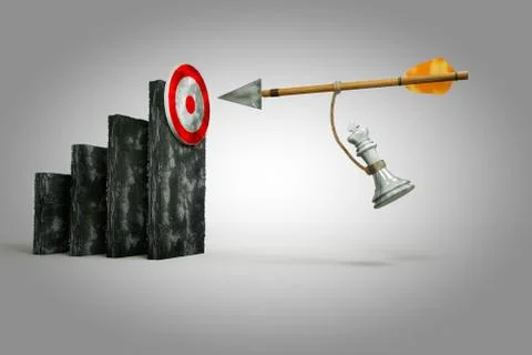 ?he king of chess hangs from an arrow against a cement wall domino effect. Stock Illustration