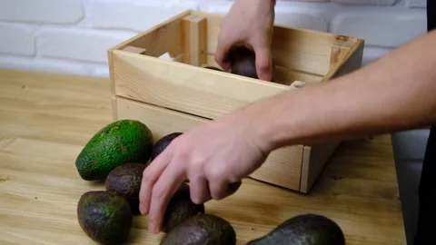 He moves the avocado fruit from the table to a drawer in the Hasse. Ripe fruits, Stock Footage 147090511