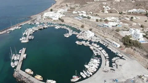 He Panoramic View Of Port Catamarans And Yachts Oia Santorini, Greece Stock Footage 143646231