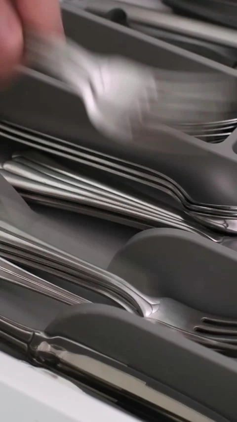 He pulls out the kitchen drawer with various kitchen utensils in the cutlery Stock Footage 315660926