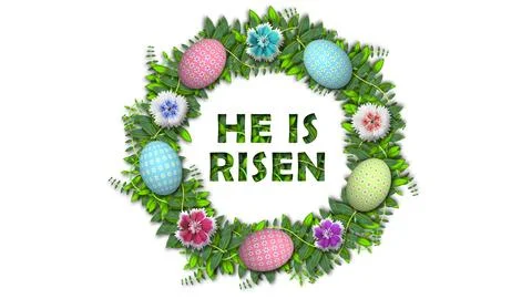 He is risen animated text in wild plant leaves, colourful flowers and decor.. Illustrazione stock