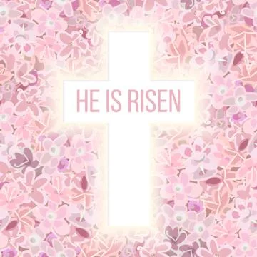 He is risen. Bible quote, Holy Cross on pink flower background carnation, cra Stock Illustration