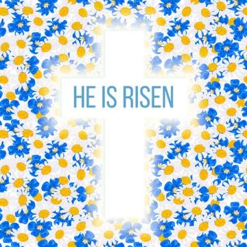 He is risen. Bible quote, Holy Cross on Daisy and blue flowers, forget-me-not Stock Illustration