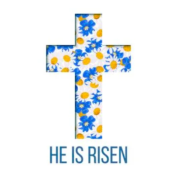 He is risen. Bible quote, Holy Cross, Daisy and blue flowers, forget-me-not,  Stock Illustration