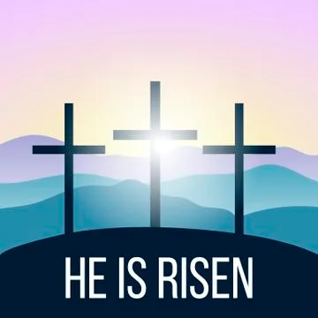 He is risen. Bible quote, Holy Cross, Silhouettes of mountains, forest at Stock Illustration