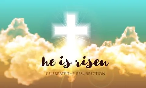 He is risen. Easter banner background with clouds, divine sunlight , crucifixion 스톡 일러스트