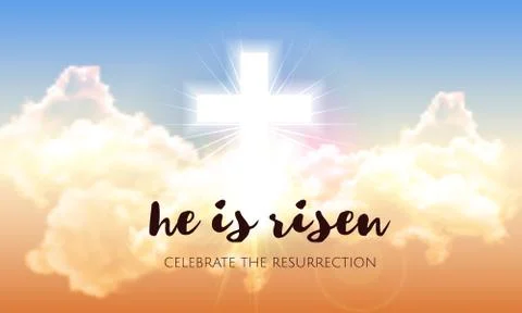 He is risen. Easter banner background with clouds, divine sunlight , crucifixion Illustrazione stock