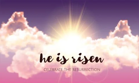 He is risen. Easter banner background with clouds and sun rise. Vector Stock Illustration