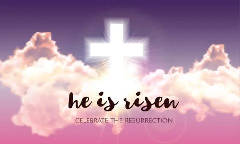 He is risen. Easter banner background with clouds, divine sunlight , crucifixion Illustrazione stock
