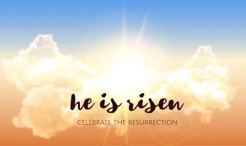 He is risen. Easter banner background with clouds and sun rise. Vector Illustrazione stock