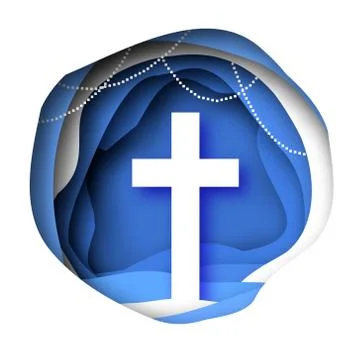 He Is Risen. Easter Banner. Christian cross in paper cut style on blue Illustrazione stock
