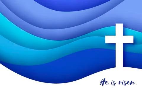 He Is Risen. Easter Banner. Christian cross in paper cut style on blue Illustrazione stock