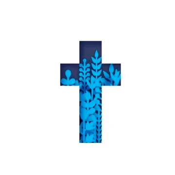 He Is Risen. Easter Banner. Christian cross with flowers in paper cut style on Stock Illustration