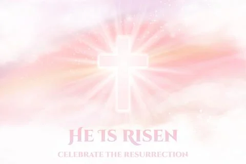 He Is Risen - Easter banner. Christian religious background with dawn heaven and Stock Illustration