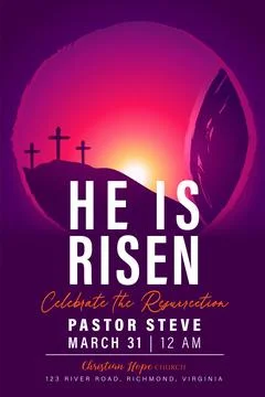 He is risen, Easter Sunday church flyer design with Calvary and three crosses Stock Illustration