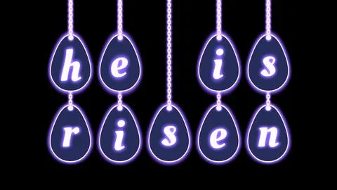 He is risen greeting tags on black screen with bright purple neon light Illustrazione stock
