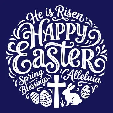 He Is Risen Happy Easter Christian Typography with Cross and Easter Eggs Il.. Stock Illustration