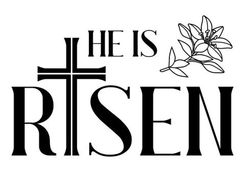 He is risen. Happy Easter greeting card. Cross and lilies. Illustrazione stock