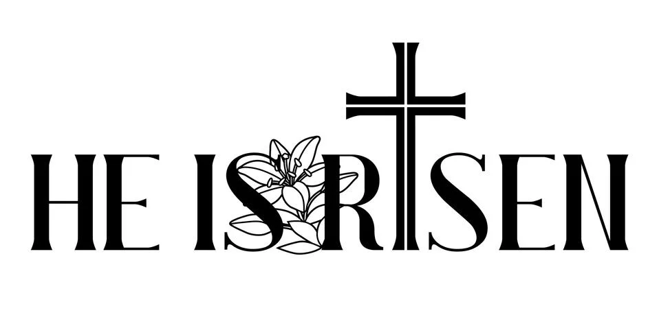 He is risen. Happy Easter greeting card. Cross and lilies. 스톡 일러스트