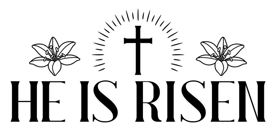 He is risen. Happy Easter greeting card. Cross and lilies. Stock Illustration