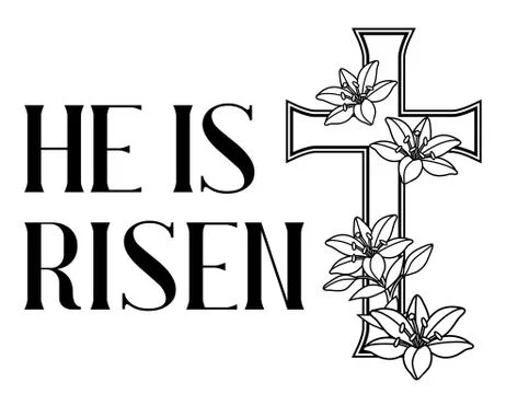 He is risen. Happy Easter greeting card. Cross and lilies. 스톡 일러스트
