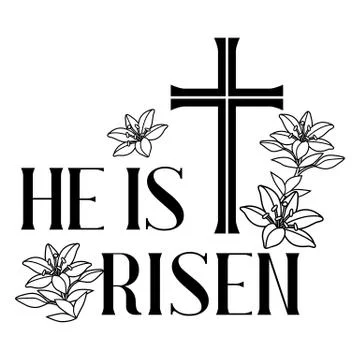 He is risen. Happy Easter greeting card. Cross and lilies. Illustrazione stock