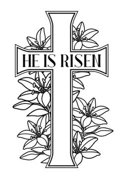 He is risen. Happy Easter greeting card. Cross and lilies. Illustrazione stock